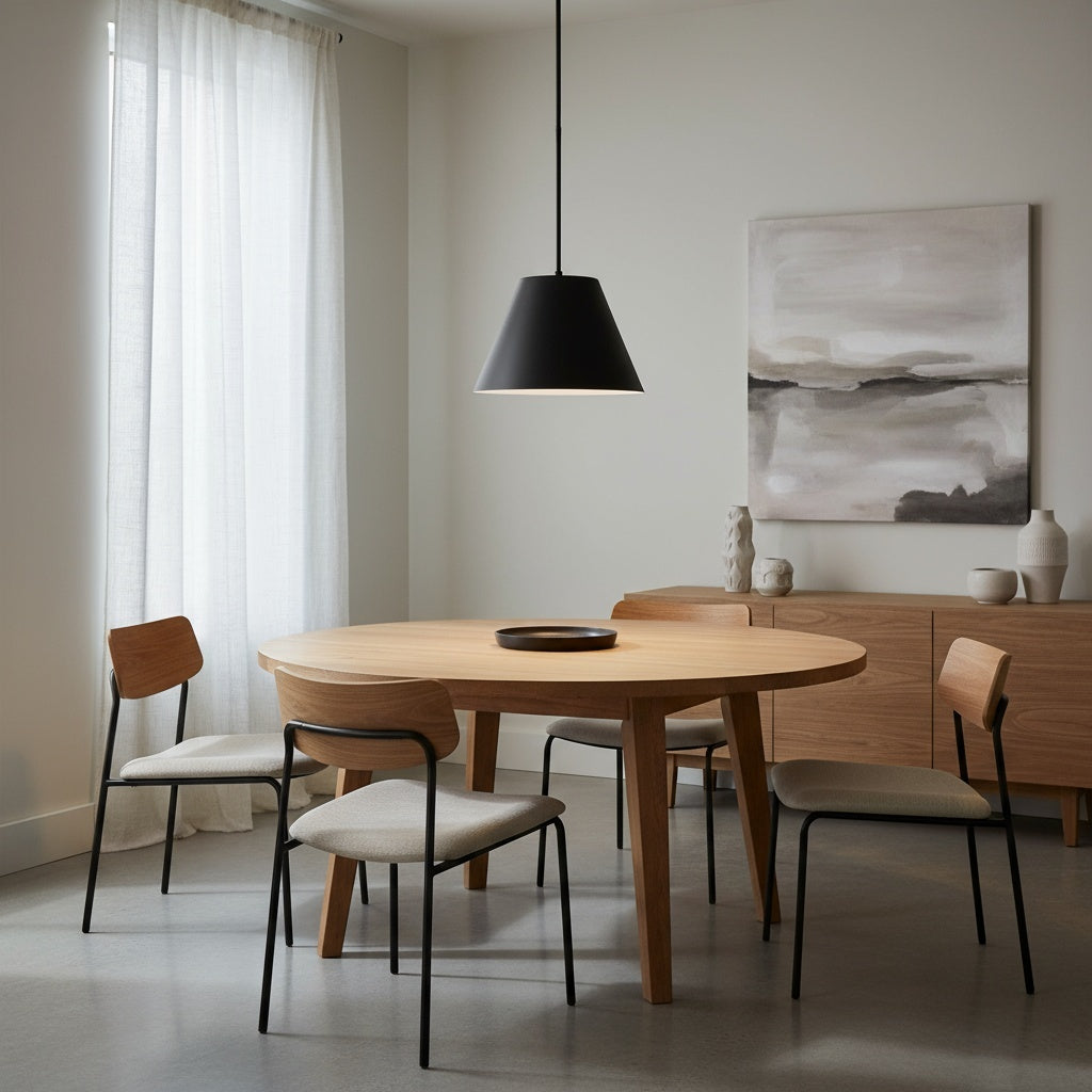 16 inch LED black pendant light over a wooden dining table in a minimalist room. Energy-smart fixture for modern interiors.