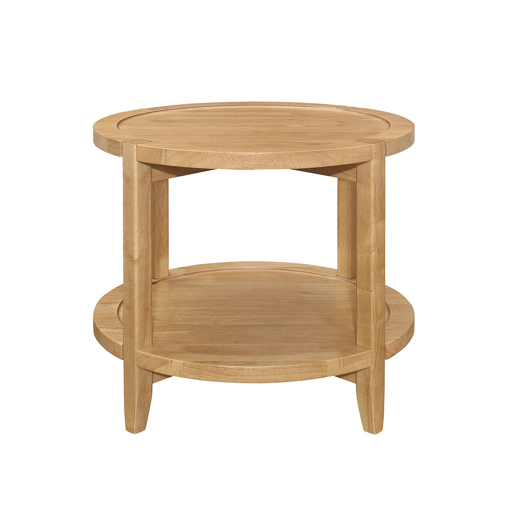 Maple Brown Round Wooden End Table with Shelf in a front view highlighting its sturdy rubberwood frame and warm maple finish.