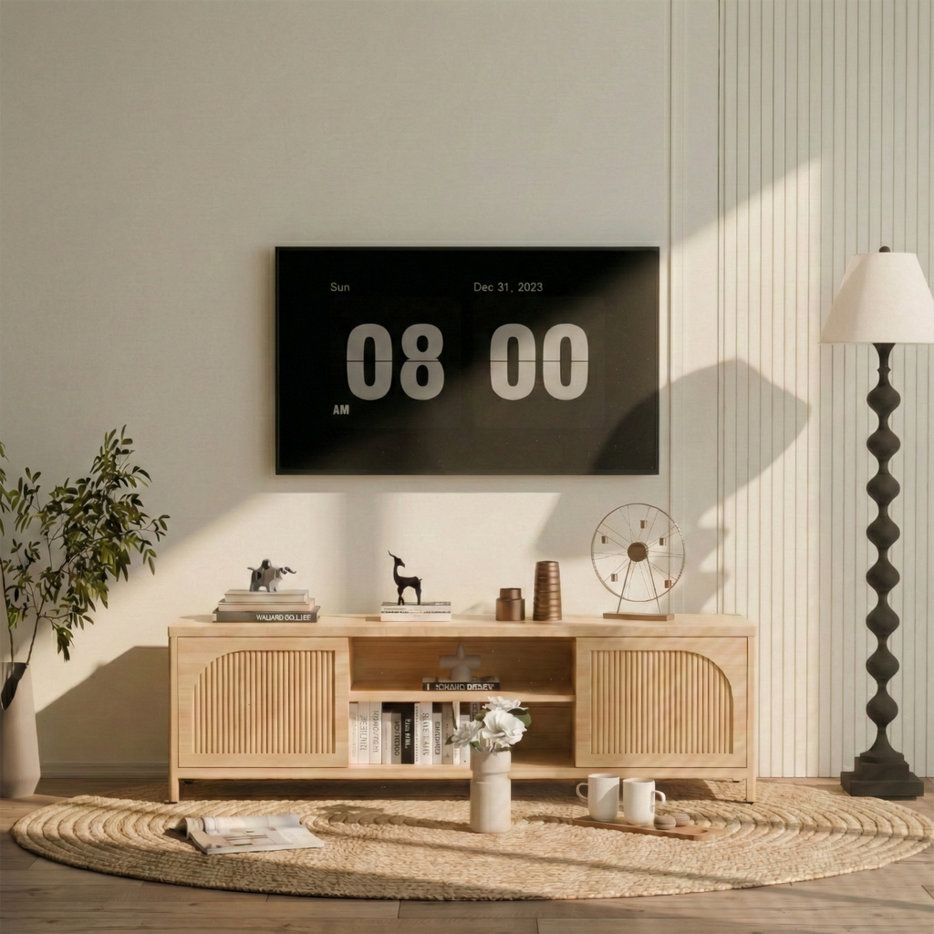 Natural bamboo media console featuring arched, reeded cabinet doors and open center shelving in a bright, modern room.