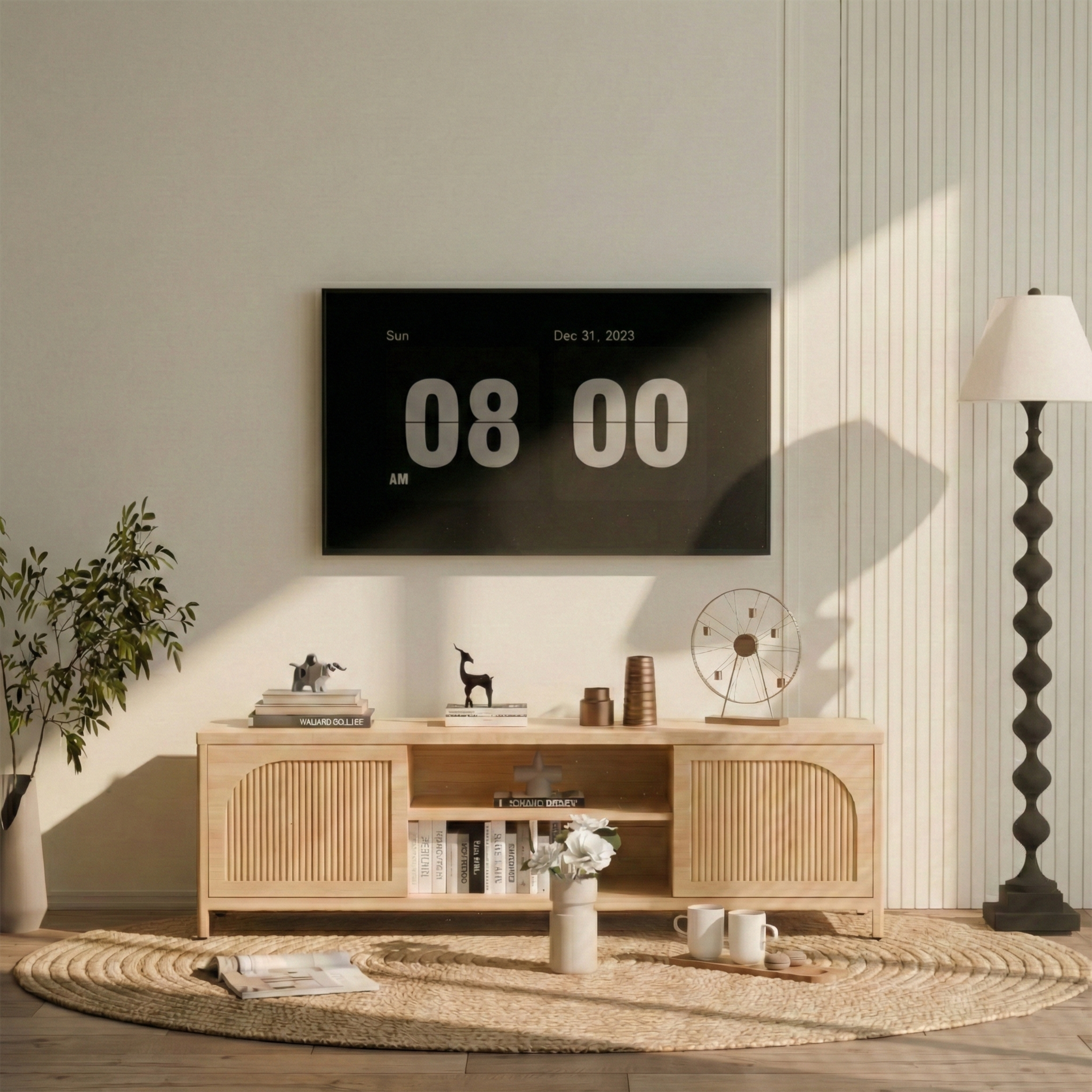 Natural bamboo media console featuring arched, reeded cabinet doors and open center shelving in a bright, modern room.