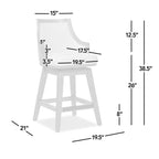 Detailed measurements of Rattan Swivel Counter Stool with labeled dimensions for seat height, backrest, and armrest spacing for accurate fit.
