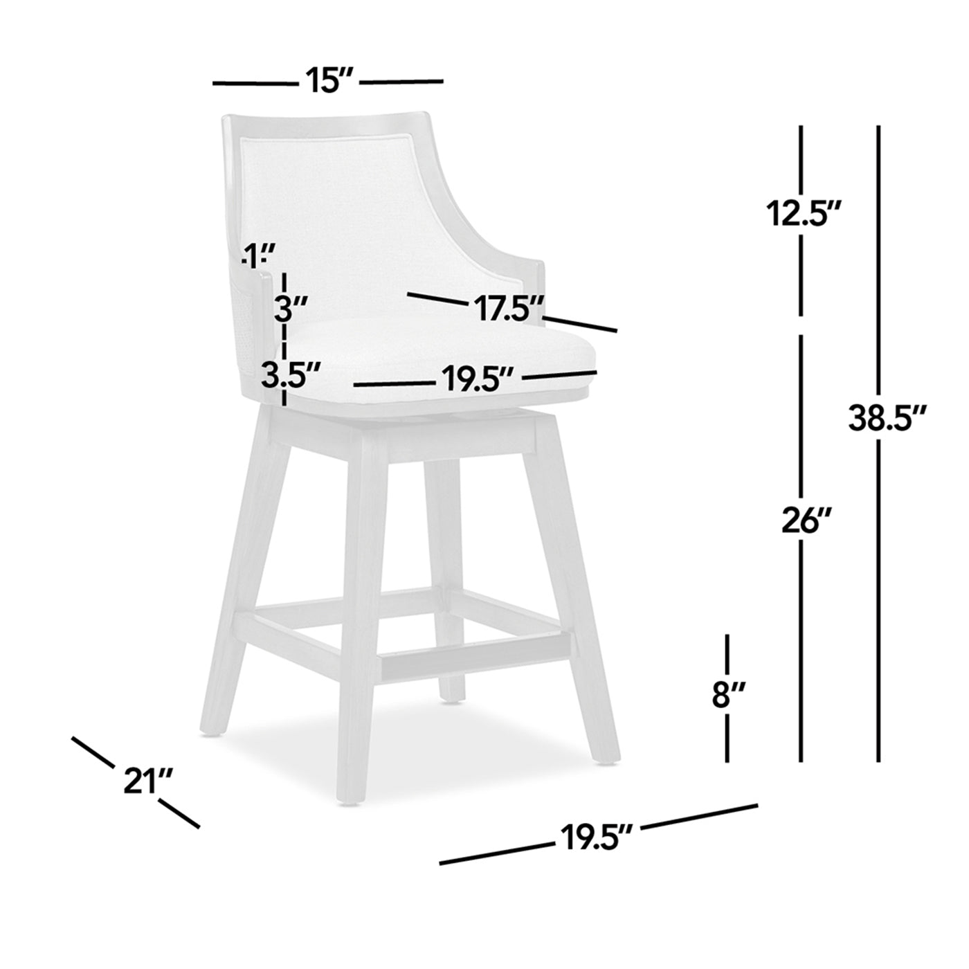 Detailed measurements of Rattan Swivel Counter Stool with labeled dimensions for seat height, backrest, and armrest spacing for accurate fit.