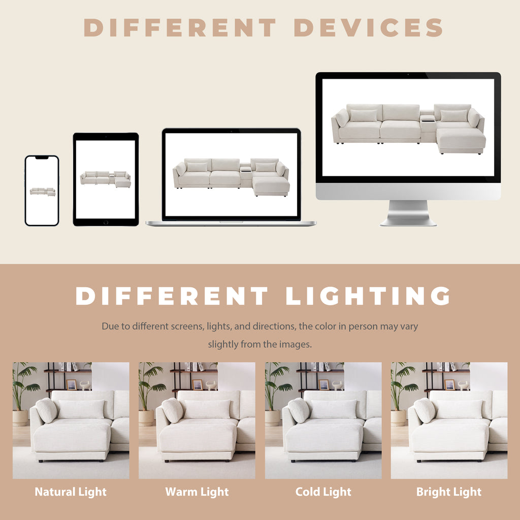 Color variations of sectional sofa under different lighting conditions, showing natural, warm, cold, and bright light effects on fabric.