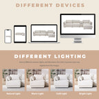 Color variations of sectional sofa under different lighting conditions, showing natural, warm, cold, and bright light effects on fabric.