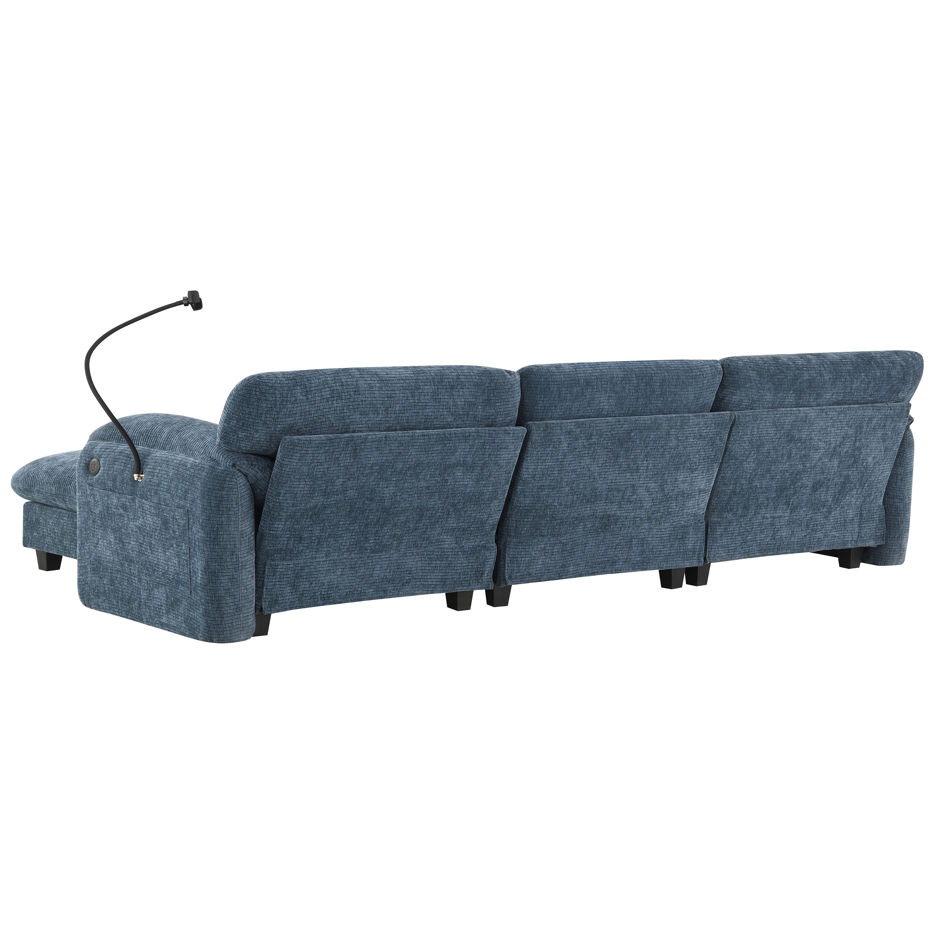 Rear angle of blue modular sectional sofa showing three connected seats. Features include USB charger and adjustable reading light on armrest.