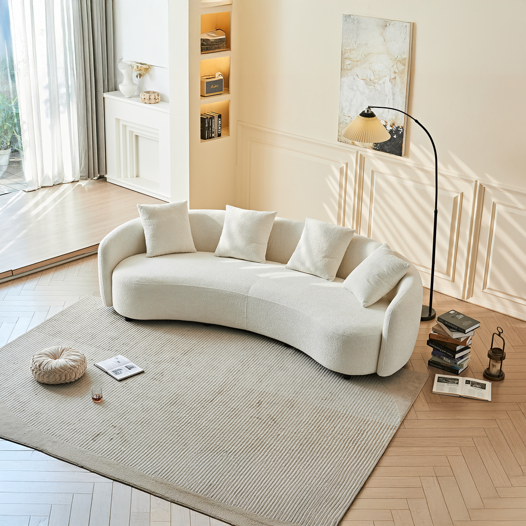 Modern Curved Velvet Sofa with 4 Pillows for Living Room.