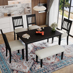 Top view of 6-piece retro dining set with dark wood table, four slat-back chairs, and upholstered bench, ideal for stylish and functional dining spaces.