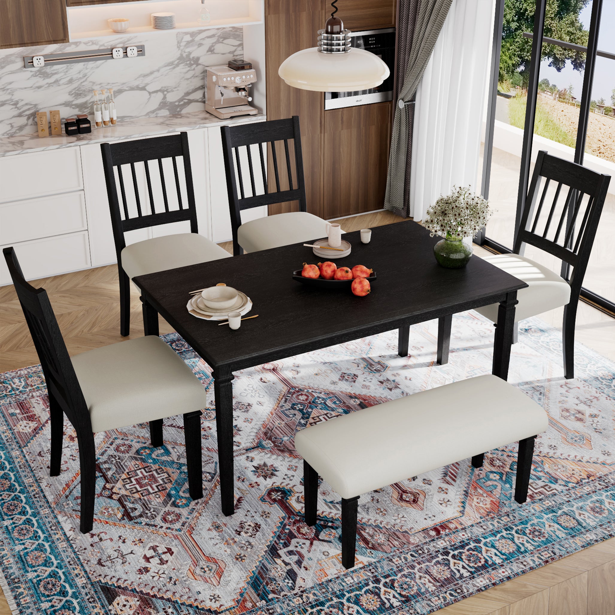 Top view of 6-piece retro dining set with dark wood table, four slat-back chairs, and upholstered bench, ideal for stylish and functional dining spaces.