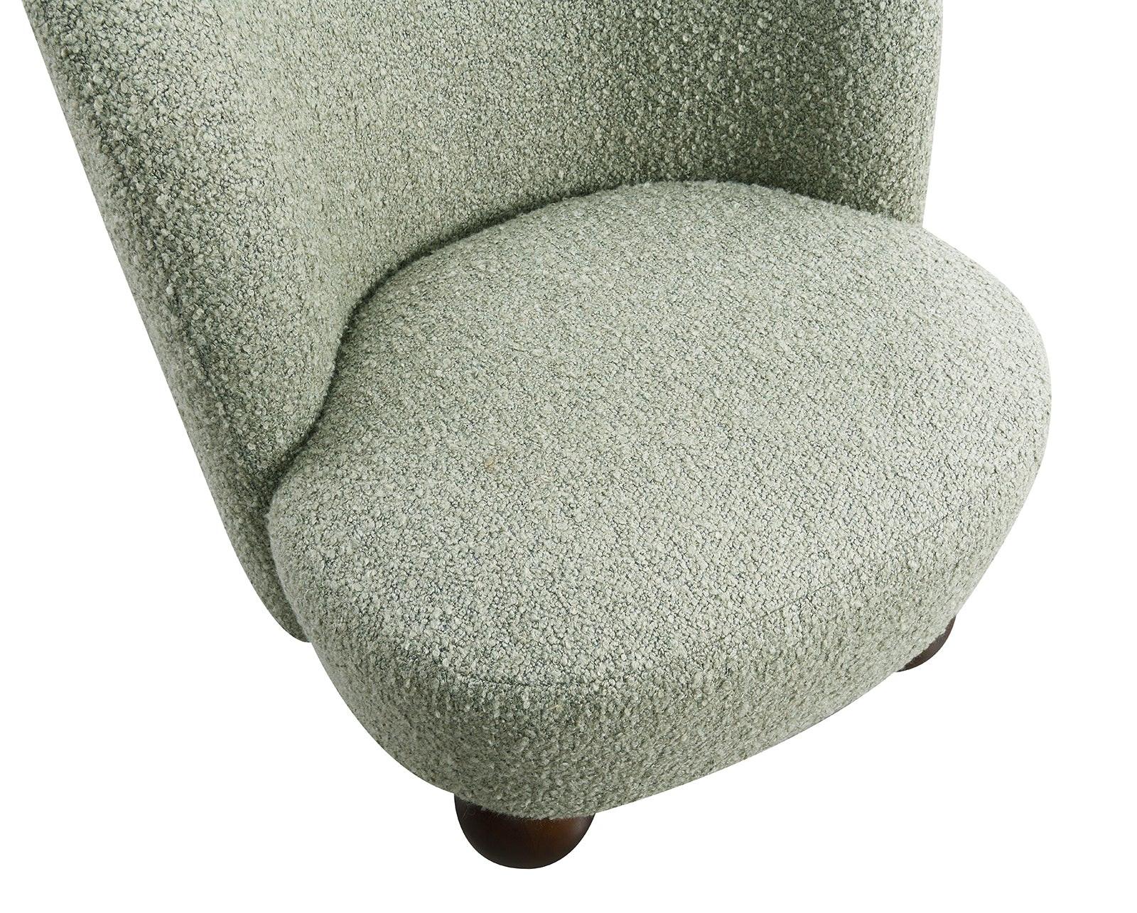Green Boucle Fabric Accent Chair with Ball Feet.