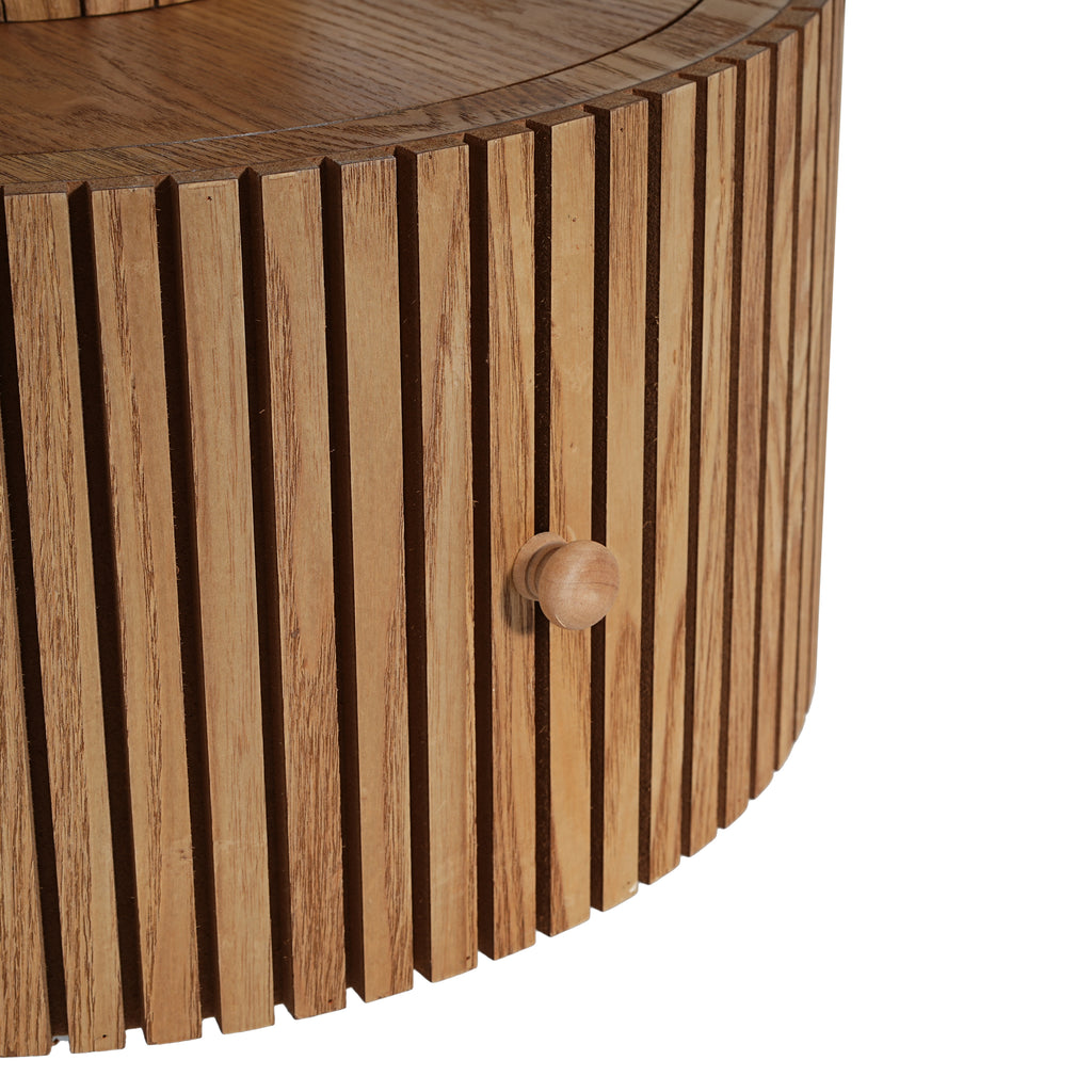 Detailed view of the wood-grain drawer knob and vertical slatted design on the base of the Unique Four-Leaf Clover Side Table.