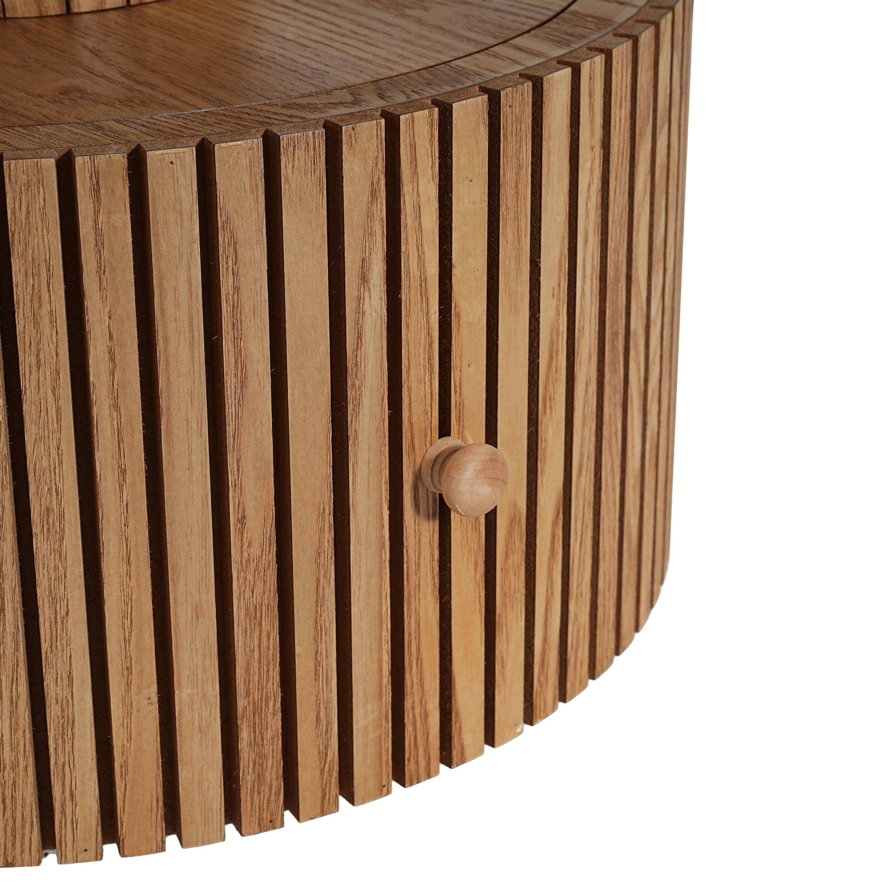 Detailed view of the wood-grain drawer knob and vertical slatted design on the base of the Unique Four-Leaf Clover Side Table.