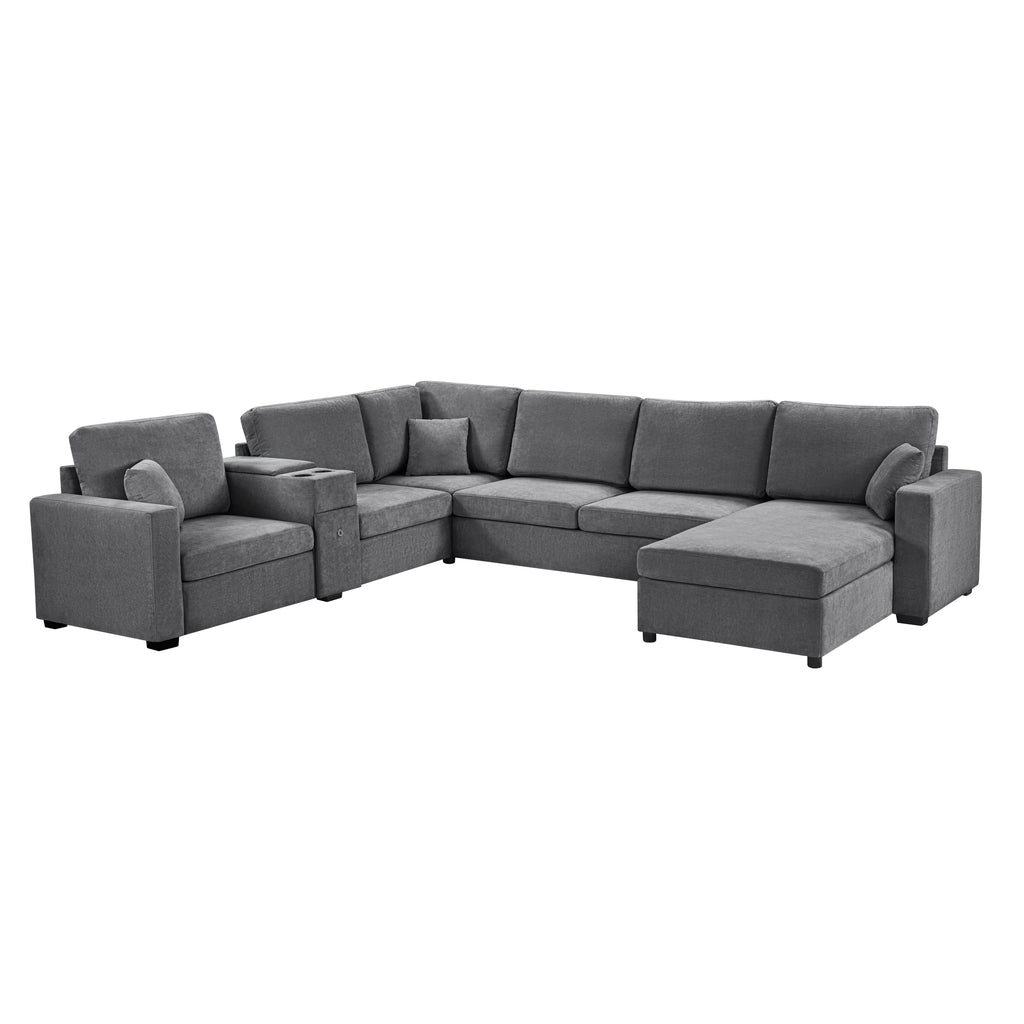 134-Inch 5-Seat U-Shape Sectional Sofa in Grey Chenille with Storage