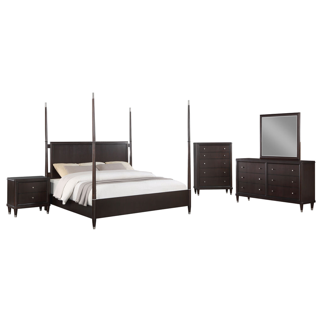 Modern transitional bedroom set in dark brown wood with silver-toned hardware, featuring a poster bed, dresser, mirror.