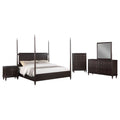 Modern transitional bedroom set in dark brown wood with silver-toned hardware, featuring a poster bed, dresser, mirror.