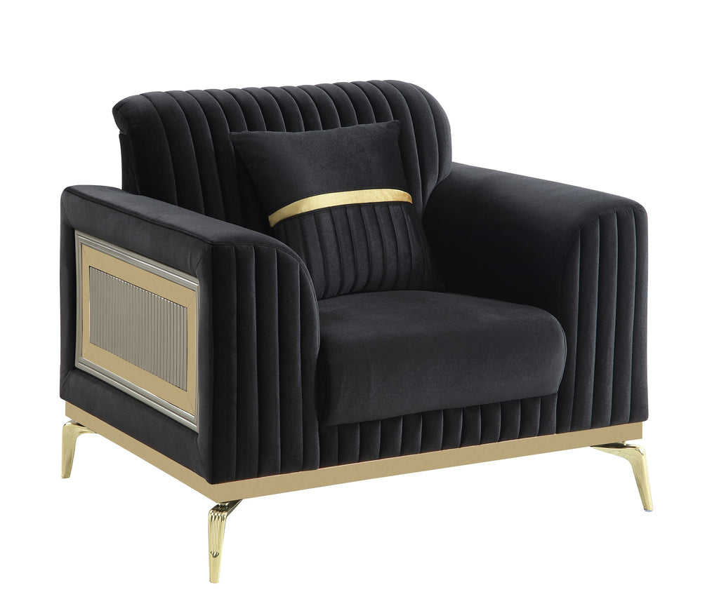 Antigua Black Fabric Accent Chair with Gold Accents and Wood Frame