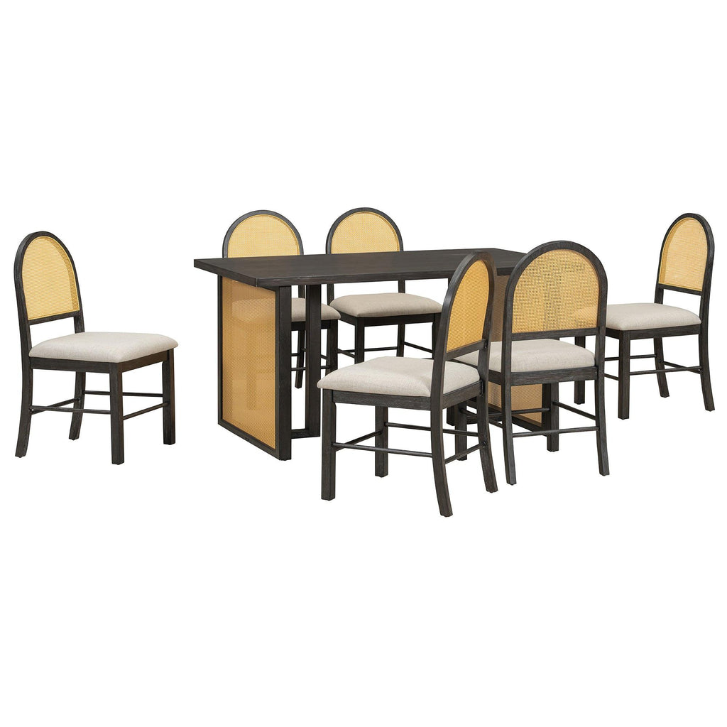 TREXM 7-Piece Farmhouse Dining Table Set for 6 - 59.8' Rectangular Dining Table with Distressed Oak Veneer and 6 Rattan Chairs, Rustic Kitchen Furniture for Dining Room(Espresso).