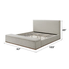 Boxter Beige Linen Queen Bed with Storage dimensions labeled, highlighting 67-inch width, 103-inch length, and 49-inch height.