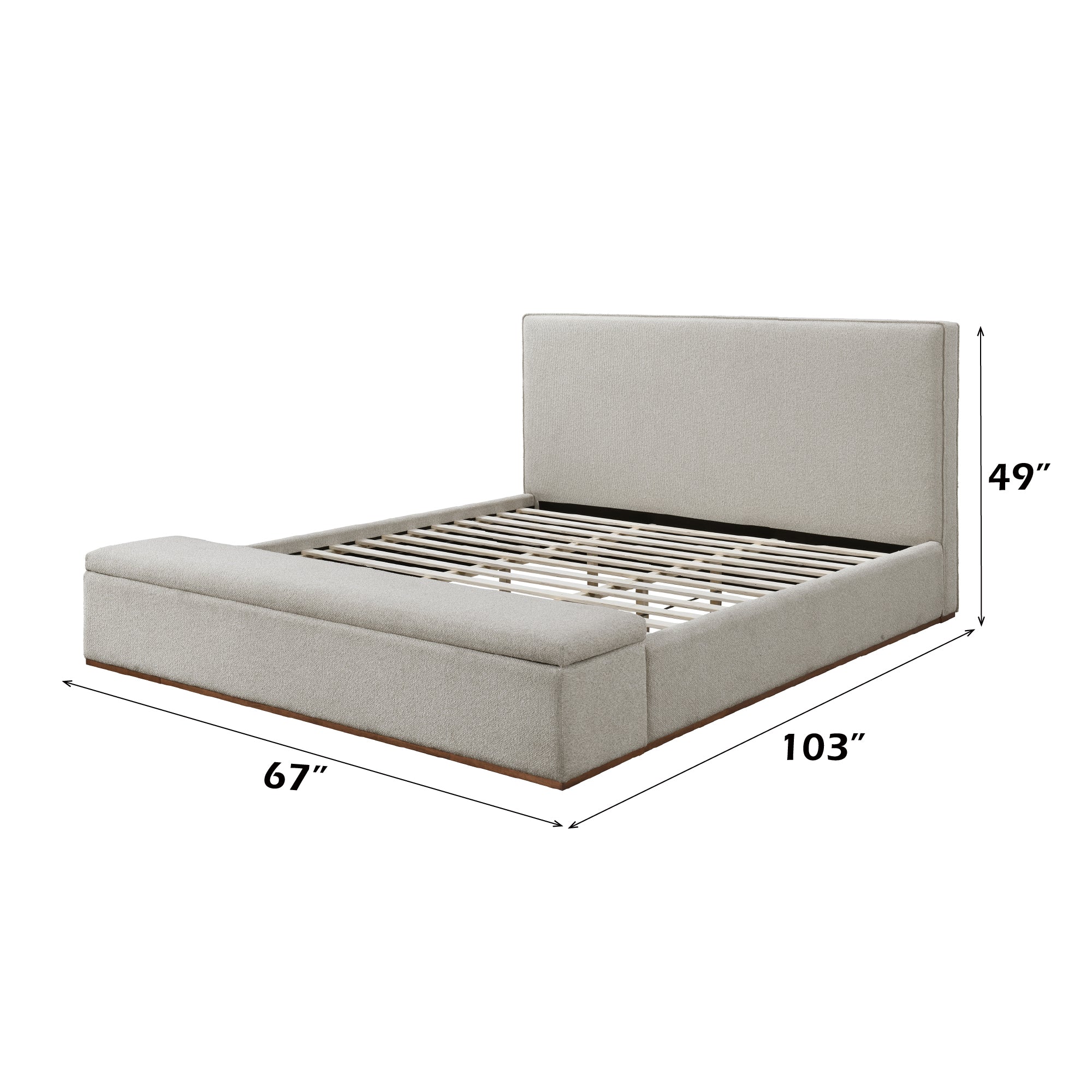 Boxter Beige Linen Queen Bed with Storage dimensions labeled, highlighting 67-inch width, 103-inch length, and 49-inch height.