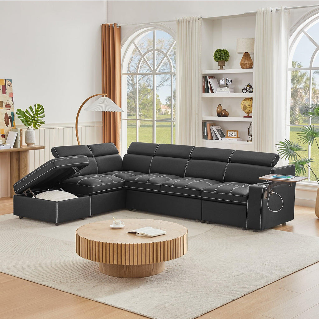 Black Sectional Sofa with Storage Ottoman for Comfortable Living.