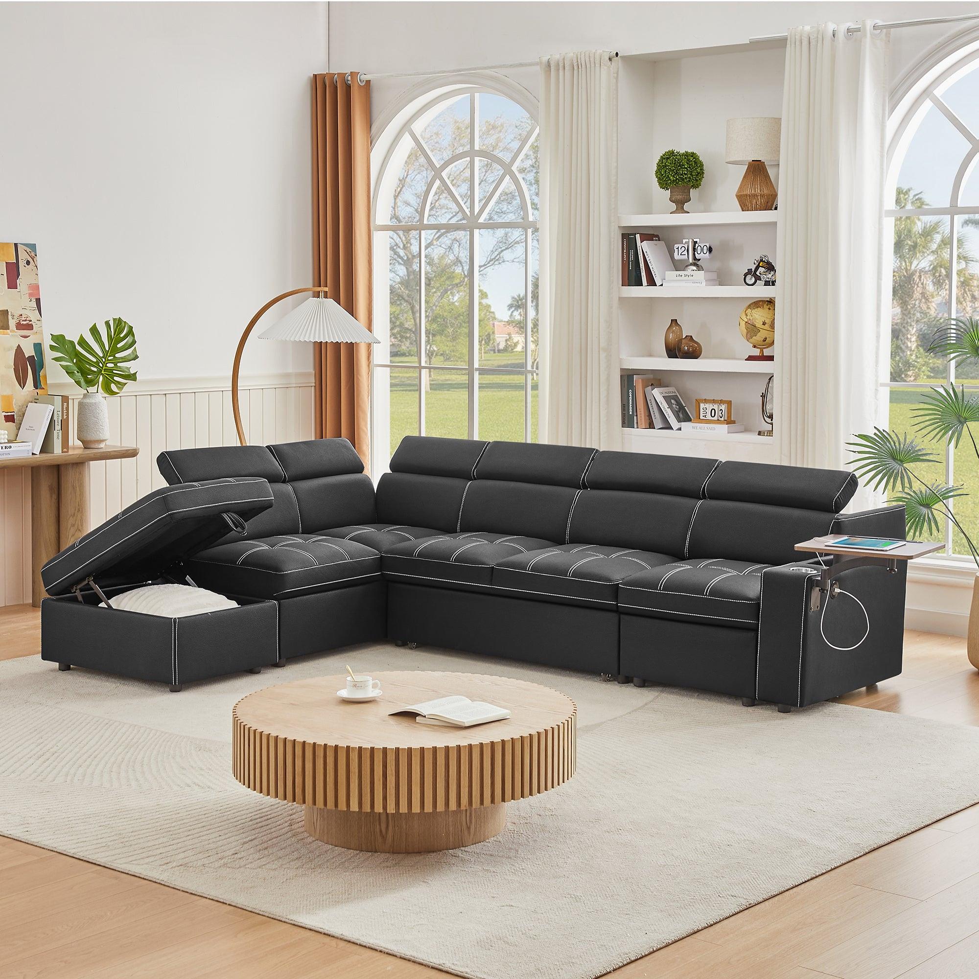 Black Sectional Sofa with Storage Ottoman for Comfortable Living.