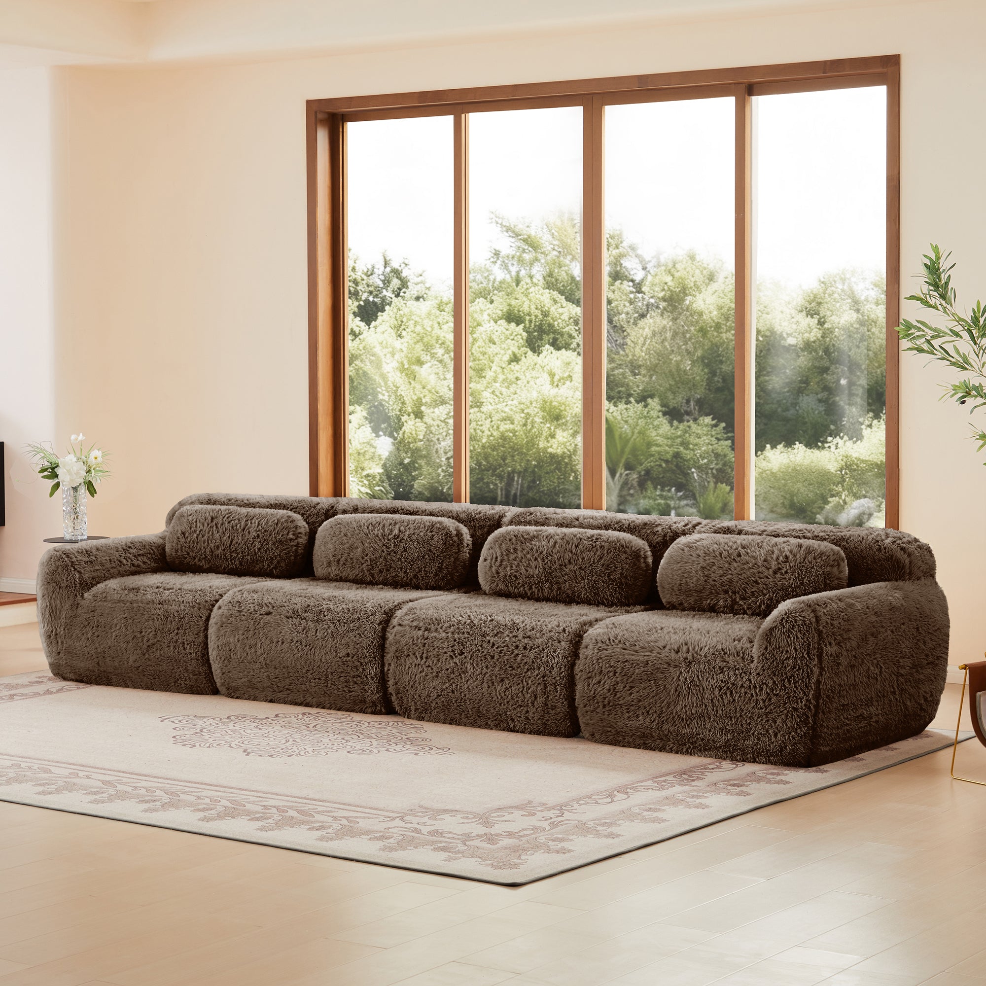Angled view of modular chocolate plush sofa with deep seating and ergonomic backrests, ideal for modern living room comfort and style.