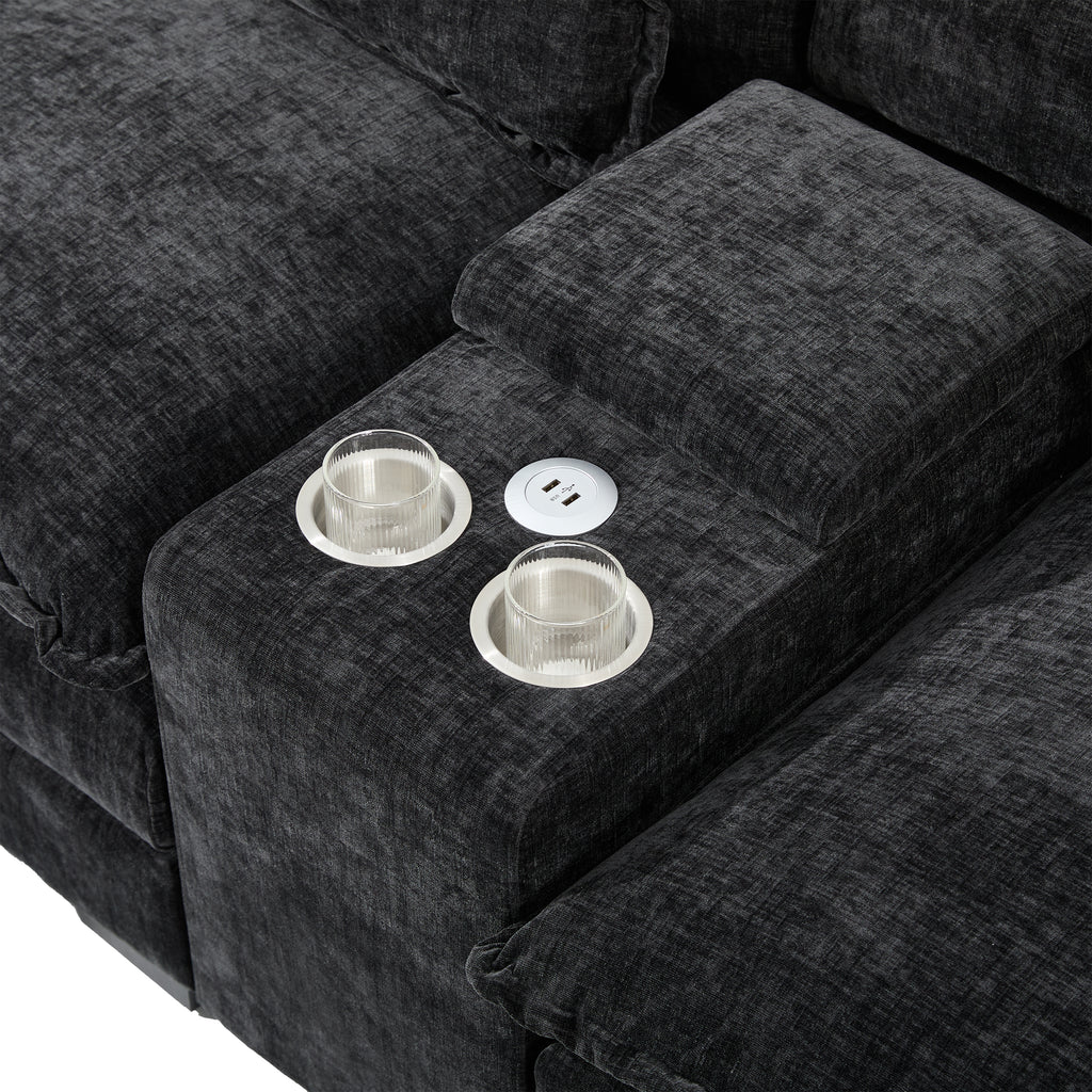 Detail of Modern U-Shaped Sectional Sofa console featuring dual cup holders and built-in USB charging port for convenient device charging.