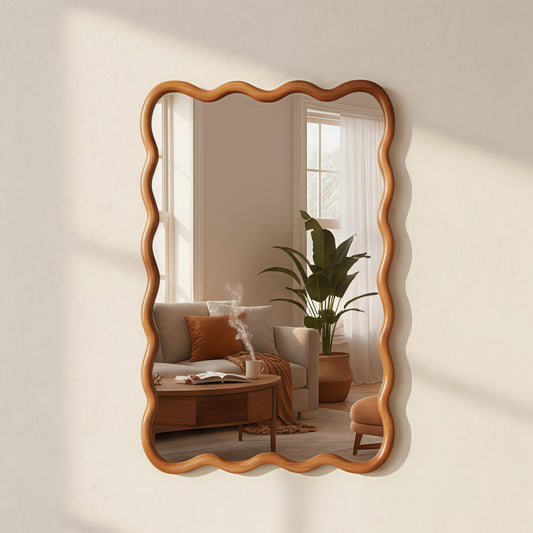 Yellowish Brown 24'x36' Wavy Rectangle Solid Wood Frame Decorative Mirror,For Bedroom, Bathroom, Living Room, Entryway