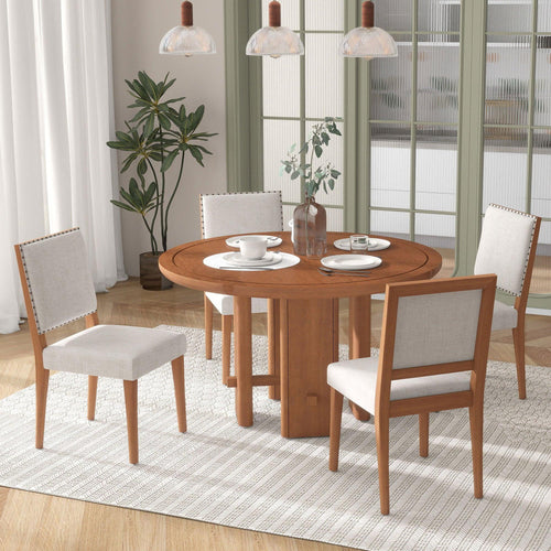 TREXM 5-Piece Round Dining Table Set for 4, Minimalist Farmhouse Dining Table with 4 Solid Wood Upholstered Chairs, Kitchen & Dining Room Sets (Brown).