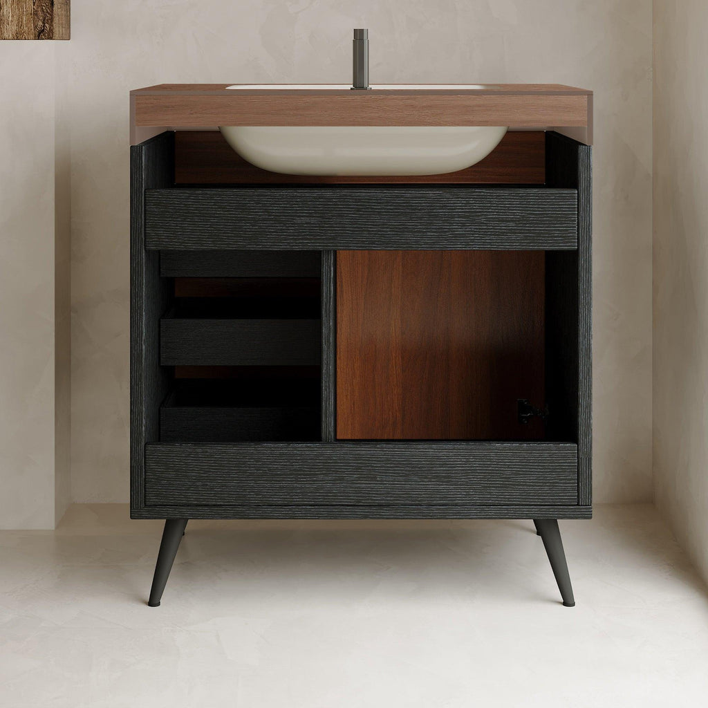 Mid-Century Modern Bathroom Vanity with Ceramic Sink.