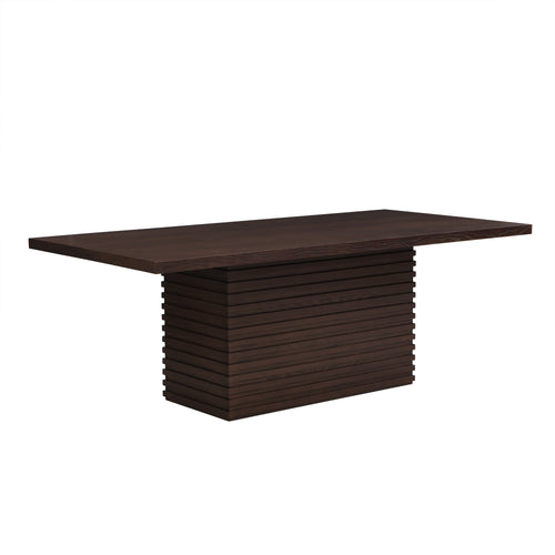 84-inch espresso dining table with a wide rectangular top and modern slatted pedestal base, ideal for seating 6-8 people in dining rooms.