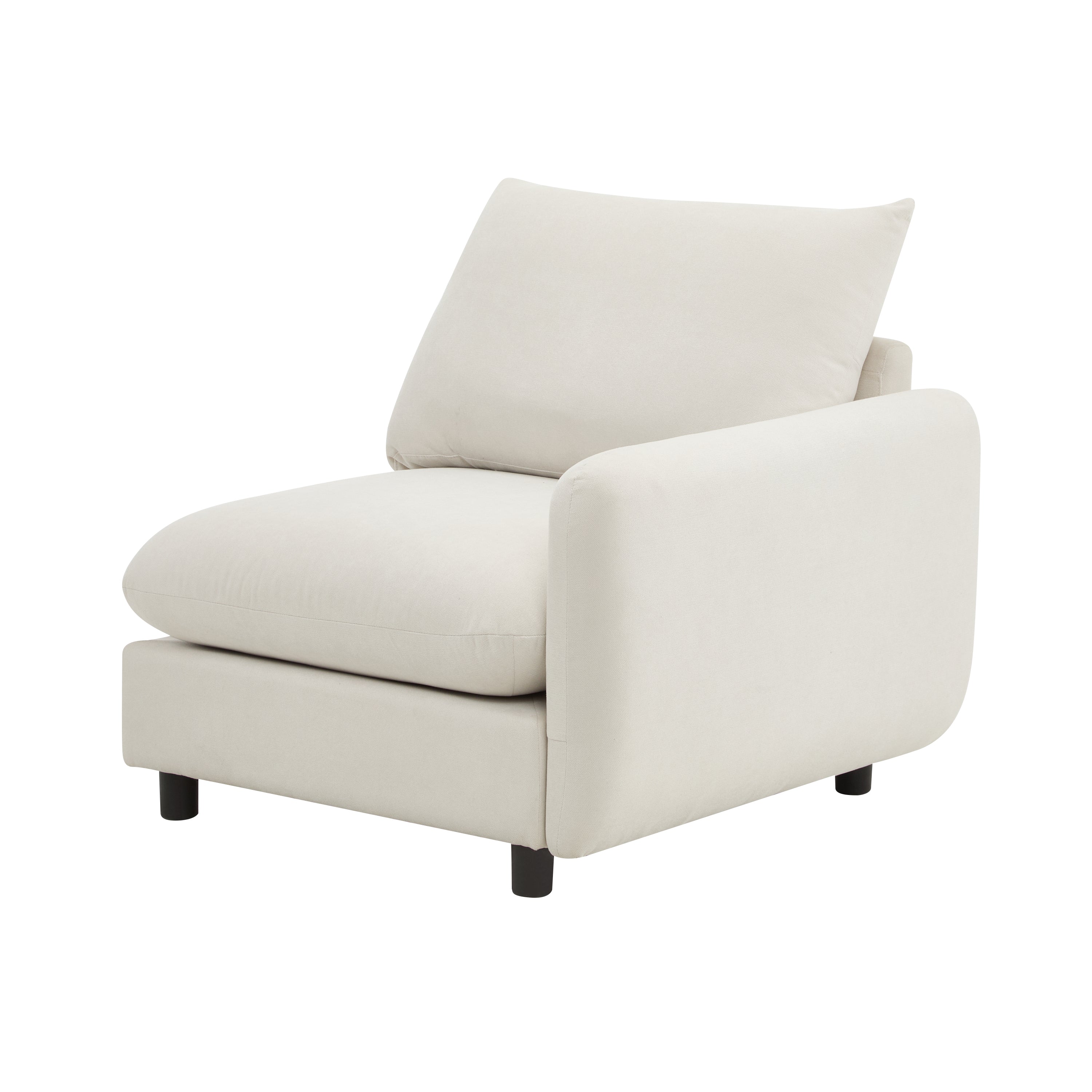 Angled view of a modular corner chair from the 69 in. 2-Seats Modular Sectional Sofa Corner Chair Sofa Couch, featuring soft white fabric.