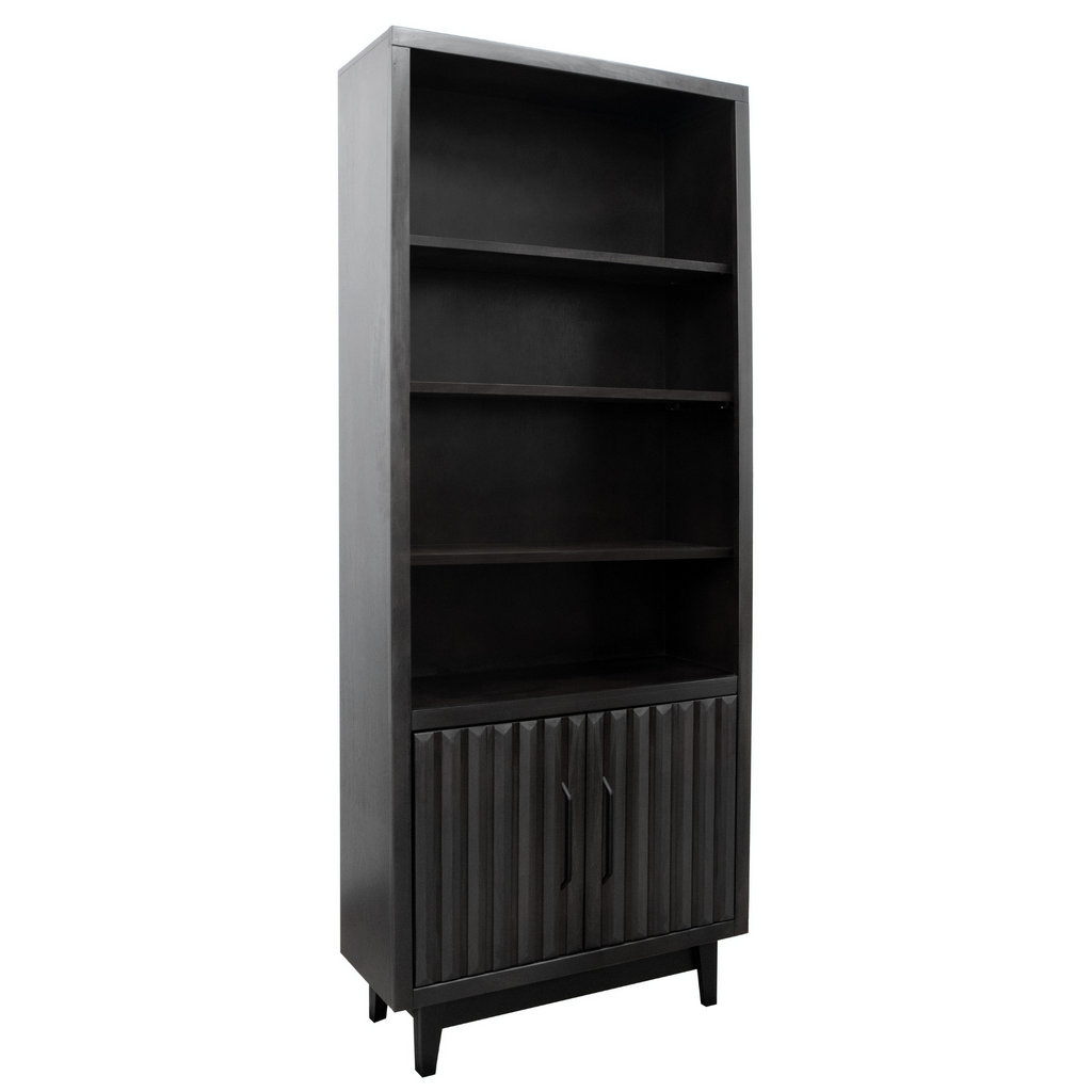 Angled view of the Black 78 inch Bookcase Pier - Radiance with open shelving and fluted cabinet doors in a matte black finish.