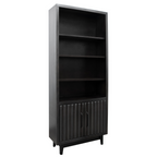 Angled view of the Black 78 inch Bookcase Pier - Radiance with open shelving and fluted cabinet doors in a matte black finish.
