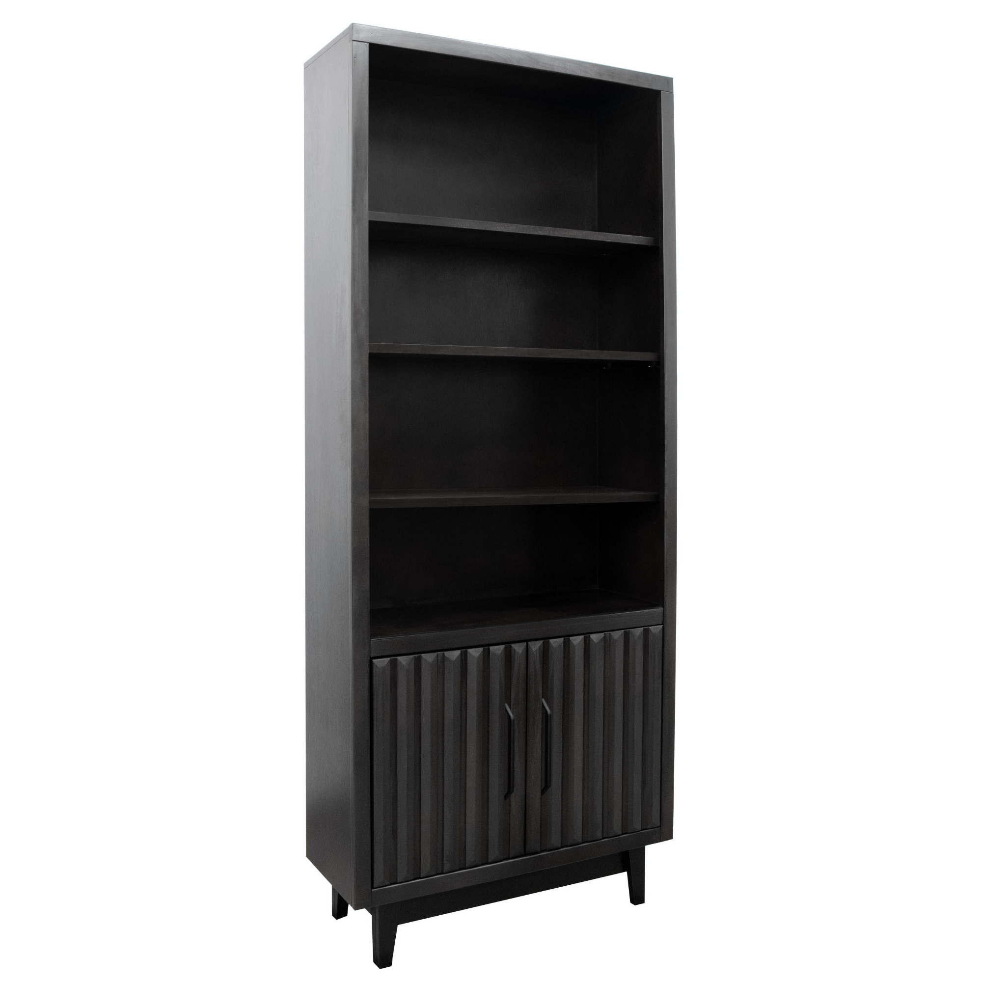 Angled view of the Black 78 inch Bookcase Pier - Radiance with open shelving and fluted cabinet doors in a matte black finish.