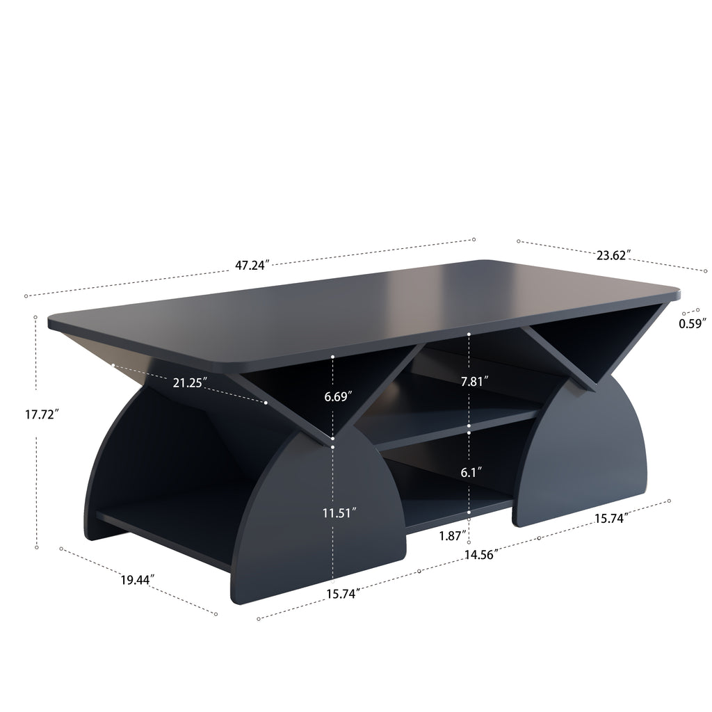 Dimensional diagram of Blue Geometric Coffee Table with Open Shelves, showing measurements and engineered wood construction.
