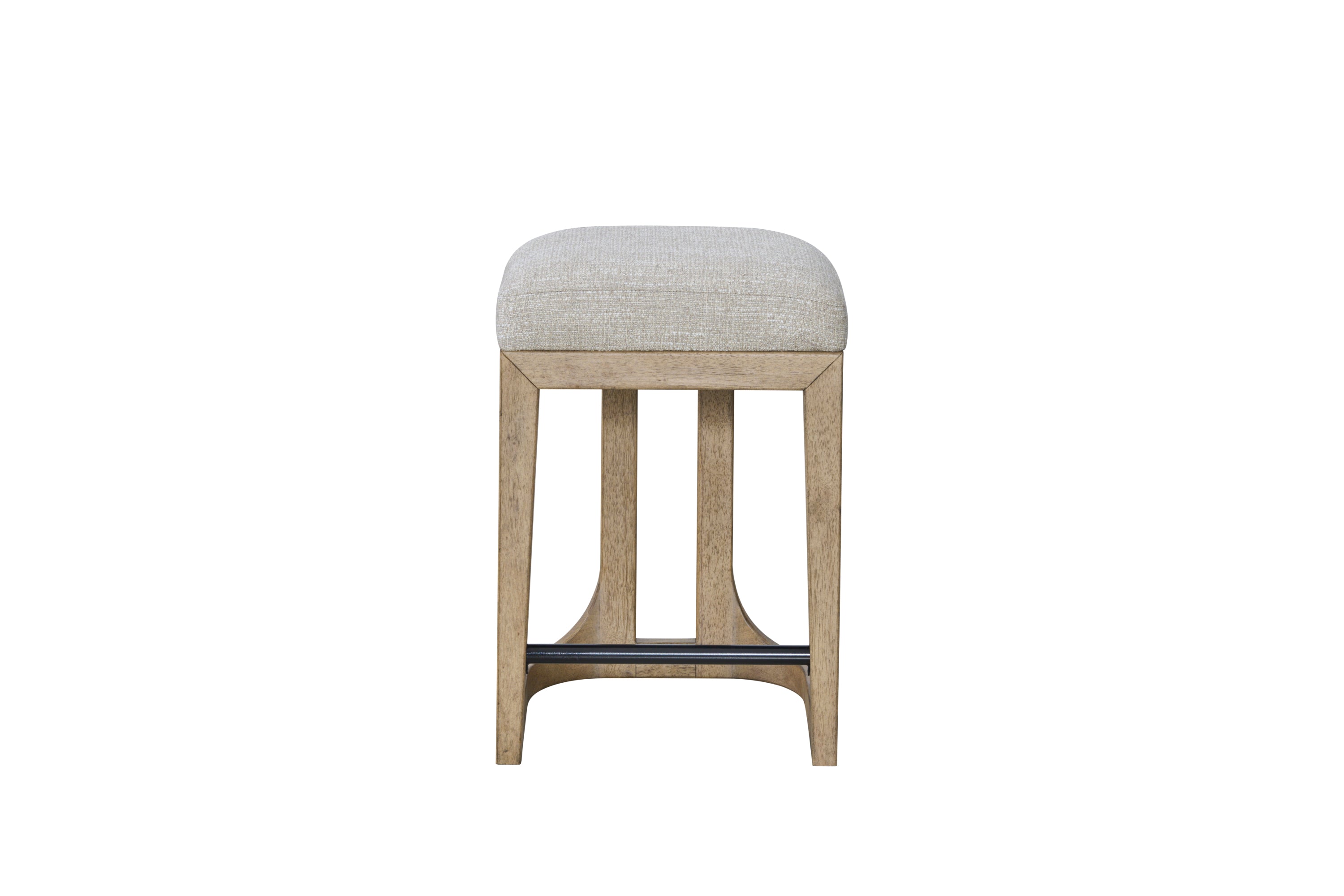 Modern rustic counter-height stool featuring a beige upholstered seat, light wood frame, and a black metal footrest.