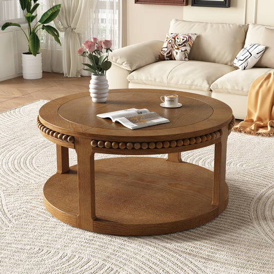 31.5 Inch Round Solid Wood Coffee Table & Sofa Table - Two-Tier Thickened Top, Sturdy Legs, Circle Table for Living Room (Walnut)