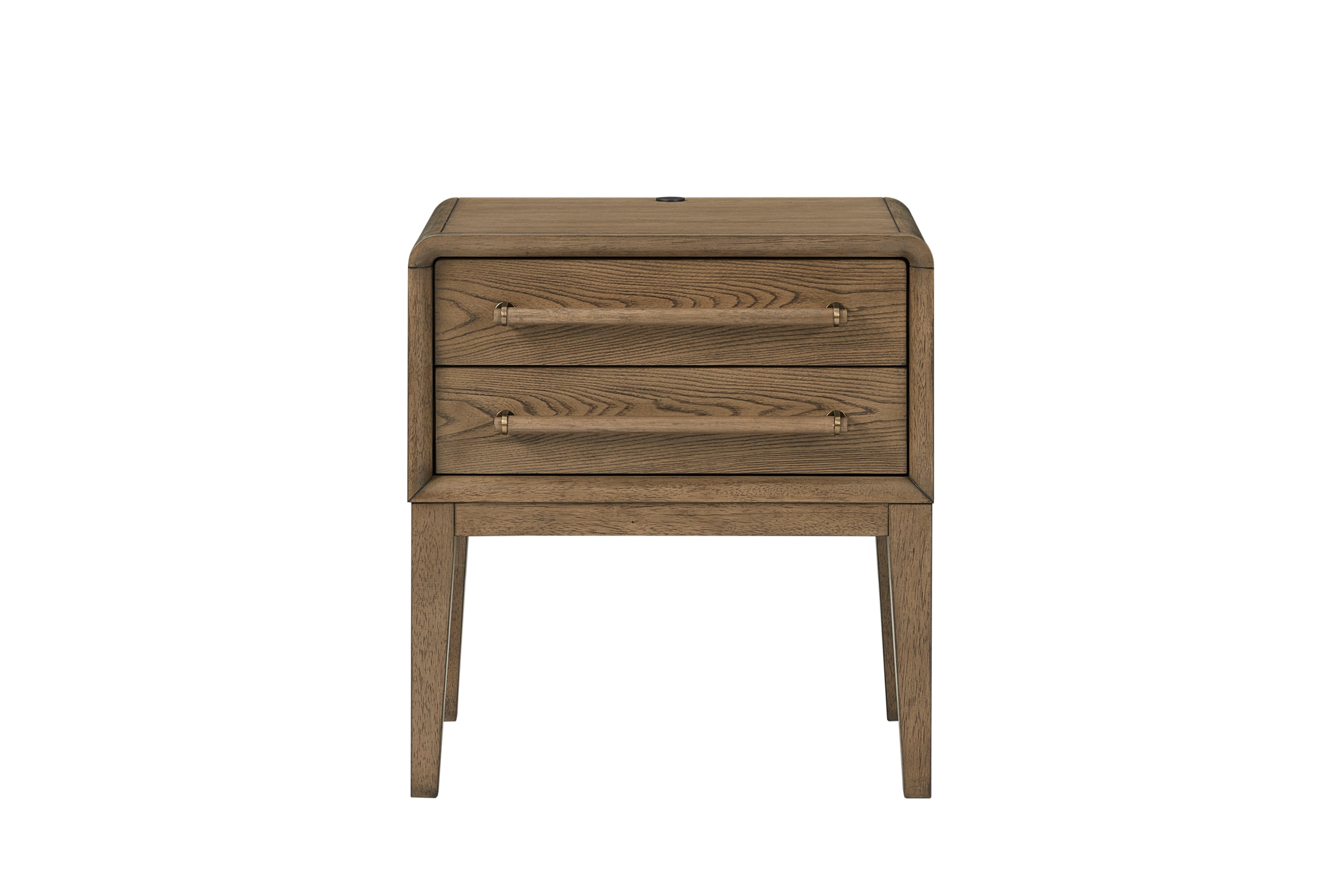 Solid Wood Latte Nightstand with two drawers in elm veneer, featuring a warm finish and tapered legs. Ideal for modern bedroom storage.