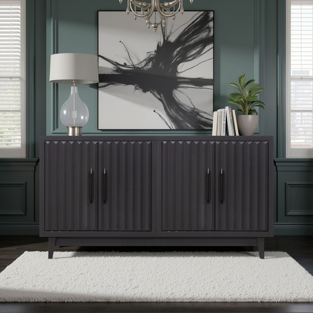 64 inch black cabinet with four doors in a dark green room, styled with modern decor. Fully assembled storage solution for TVs up to 70 inches.