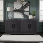 64 inch black cabinet with four doors in a dark green room, styled with modern decor. Fully assembled storage solution for TVs up to 70 inches.