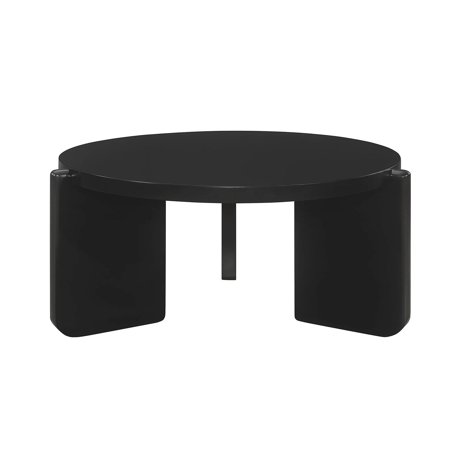 Round wooden coffee table in black with modern three-leg design, ideal for elegant living room decor and contemporary furniture settings.