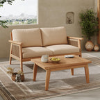 Two-piece acacia wood chat set featuring a loveseat with rope-accented sides, cream cushions, and a slatted coffee table.