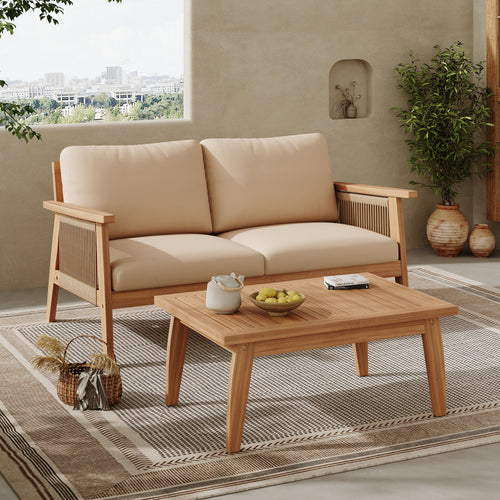 Two-piece acacia wood chat set featuring a loveseat with rope-accented sides, cream cushions, and a slatted coffee table.