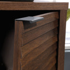 Side view of the Library Base, Brown finish cabinet door with handle, showing durable engineered wood construction.