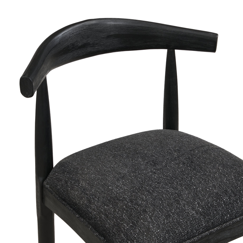Close-up of black fabric bar stool backrest and seat, showing smooth wood finish and plush upholstery for added comfort.