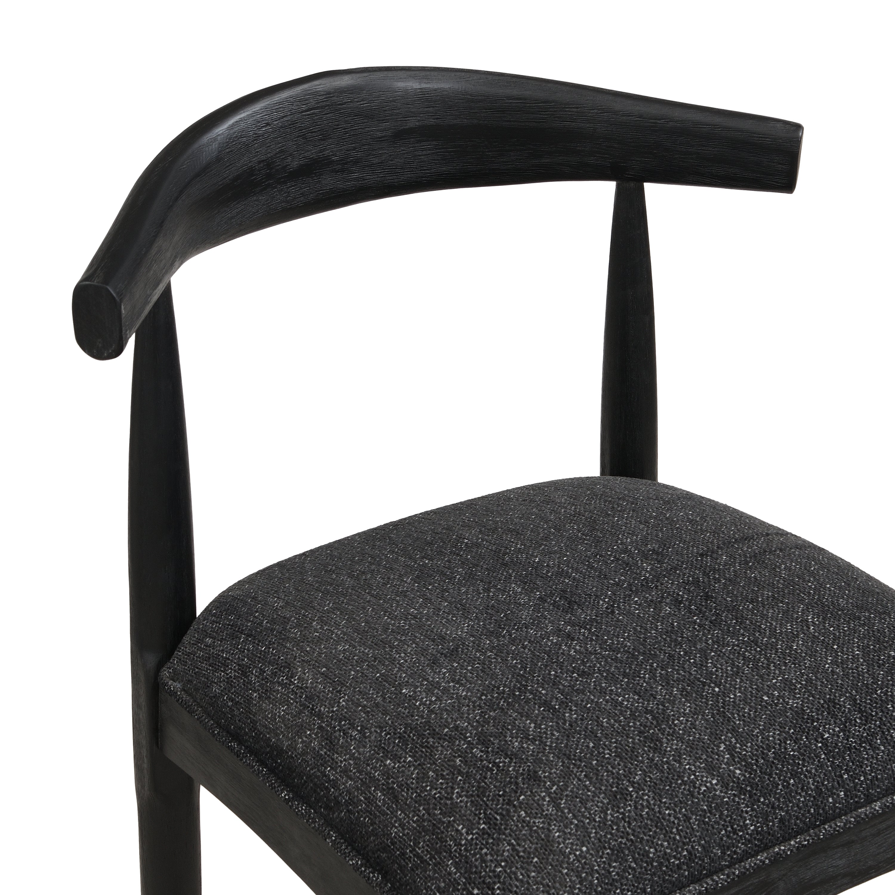 Close-up of black fabric bar stool backrest and seat, showing smooth wood finish and plush upholstery for added comfort.