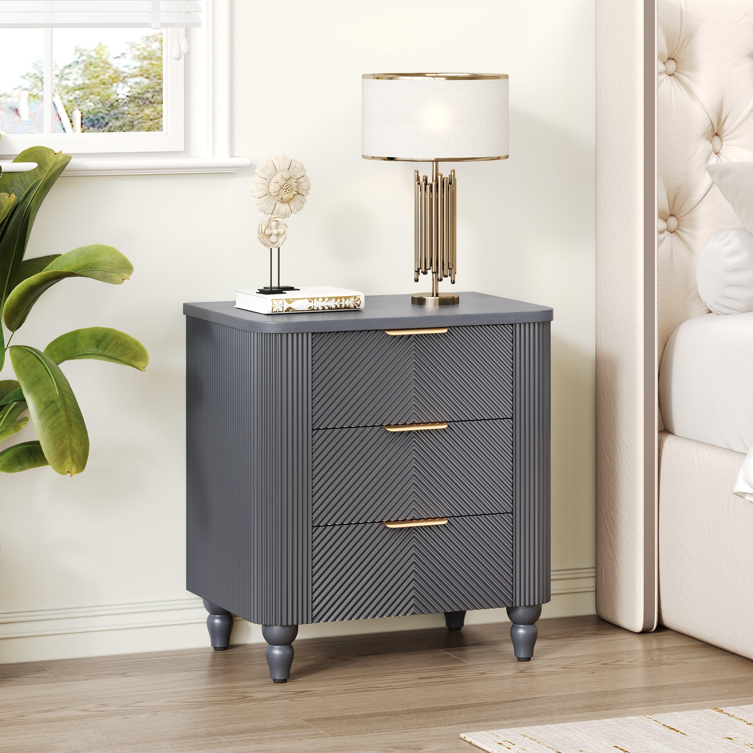 Mid-Century Nightstand with 3 Drawers in Dark Gray.