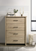 Light Oak 4-Drawer Chest with Black Handles in modern bedroom setting. Durable design ideal for stylish storage in bedrooms or entryways.