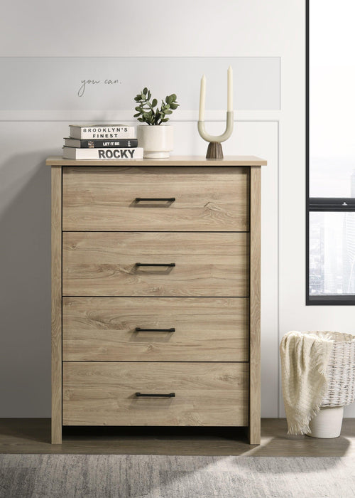 Light Oak 4-Drawer Chest with Black Handles.