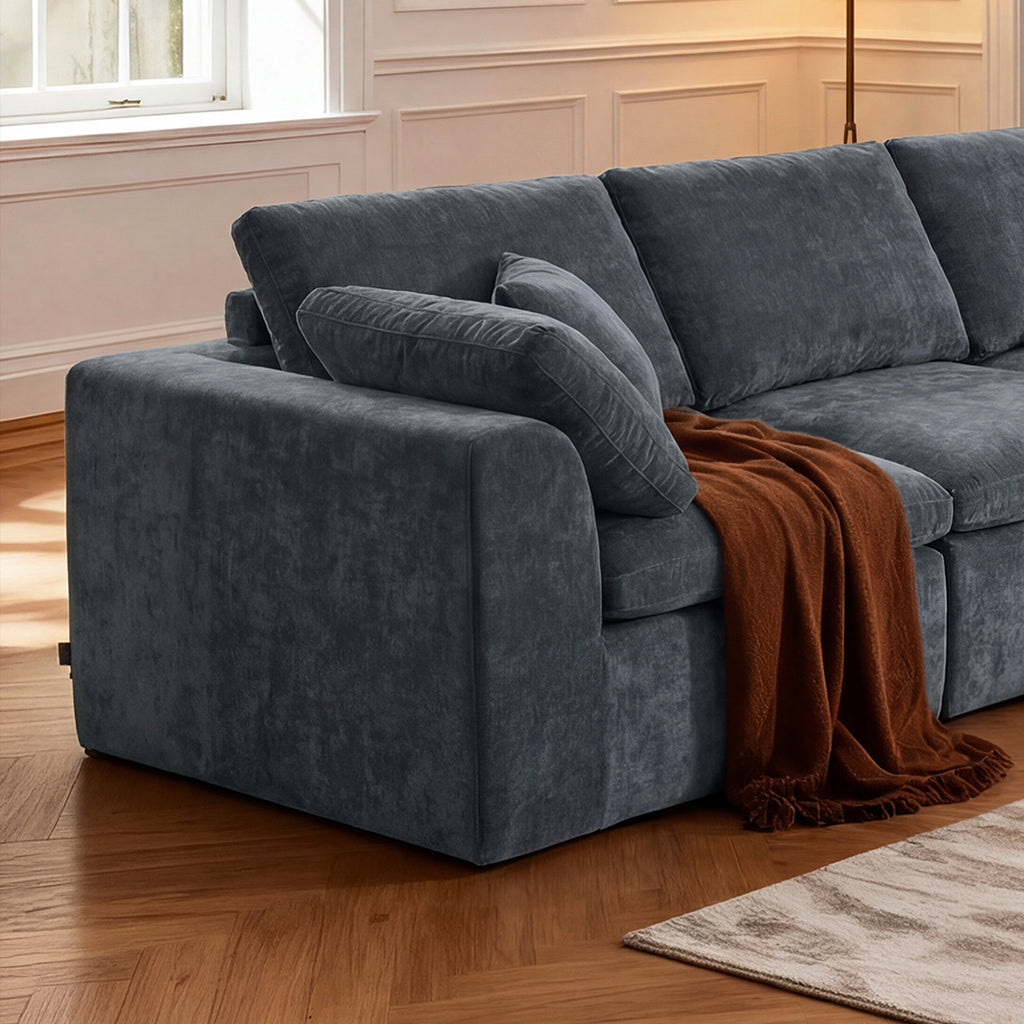 Armrest and cushion detail of Modern Sectional Couch - Minimalist Sofa, showcasing plush chenille texture and solid wood frame construction.